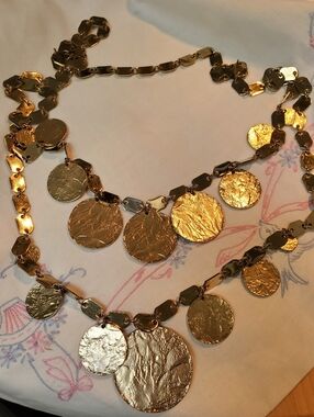 Long Double Faux Coin Goldtone Necklace Costume